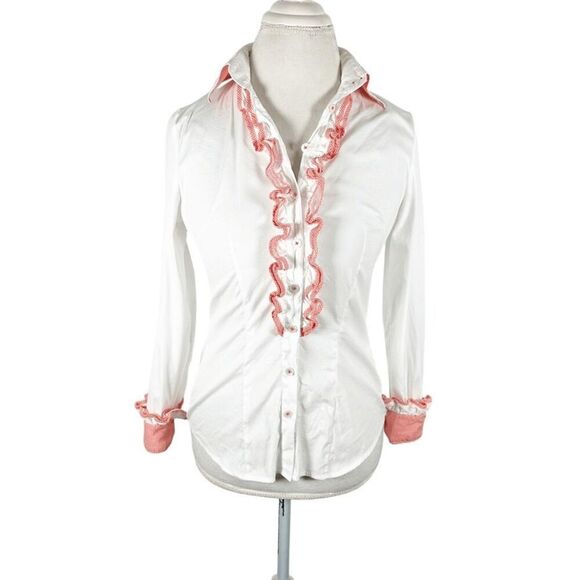 Gorsuch White Button Shirt Orange Gingham Contrast Ruffles Tuxedo Size 34 XS - Picture 1 of 10